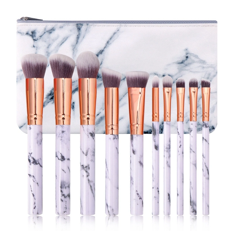 Custom Logo Fee Sample Latest Fads Plastic Synthetic Hair 10 PCS Marble Makeup Brush Set with Bag